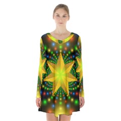 Christmas Star Fractal Symmetry Long Sleeve Velvet V-neck Dress by Celenk