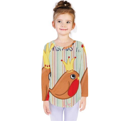 Bird Christmas Card Blue Modern Kids  Long Sleeve Tee by Celenk