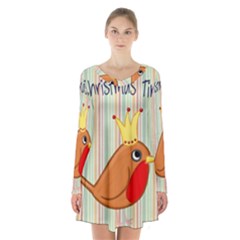 Bird Christmas Card Blue Modern Long Sleeve Velvet V-neck Dress by Celenk