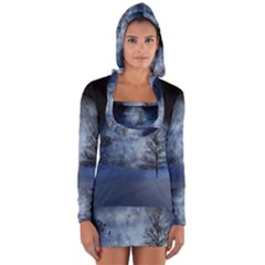 Winter Wintry Moon Christmas Snow Long Sleeve Hooded T-shirt by Celenk