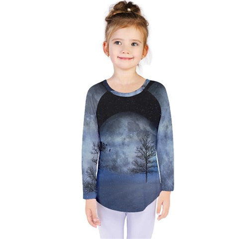 Winter Wintry Moon Christmas Snow Kids  Long Sleeve Tee by Celenk