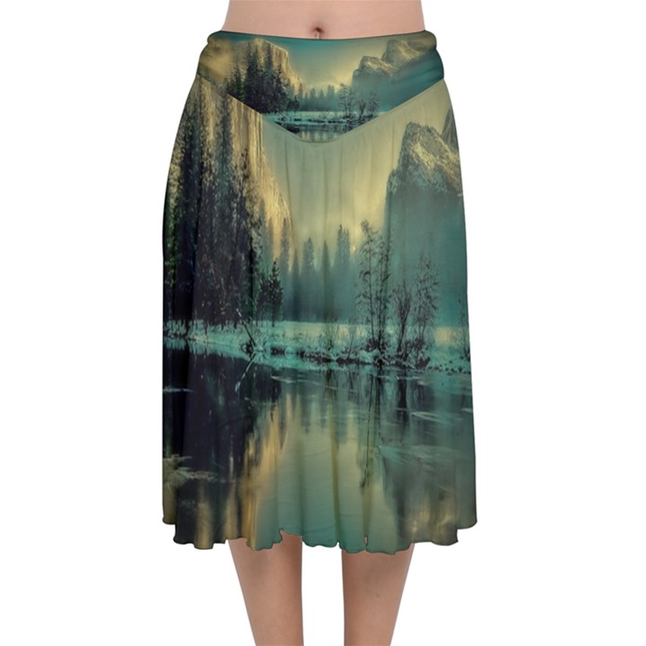 Yosemite Park Landscape Sunrise Velvet Flared Midi Skirt