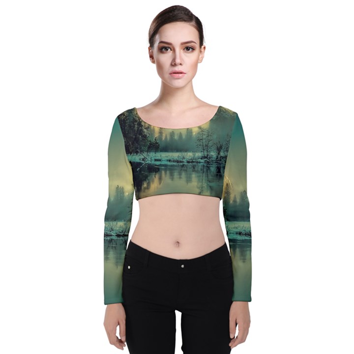 Yosemite Park Landscape Sunrise Velvet Long Sleeve Crop Top