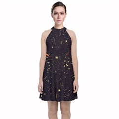 Star Sky Graphic Night Background Velvet Halter Neckline Dress 