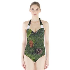 Branch Christmas Cone Evergreen Halter Swimsuit by Celenk