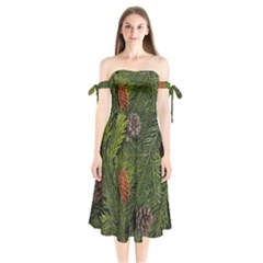 Branch Christmas Cone Evergreen Shoulder Tie Bardot Midi Dress