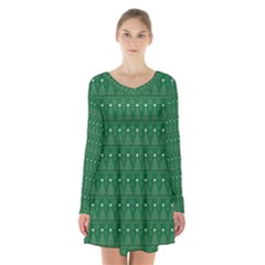 Christmas Tree Pattern Design Long Sleeve Velvet V-neck Dress by Celenk