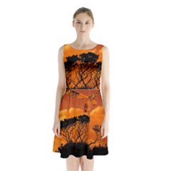 Trees Branches Sunset Sky Clouds Sleeveless Waist Tie Chiffon Dress by Celenk