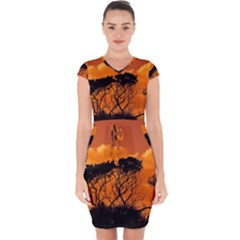 Trees Branches Sunset Sky Clouds Capsleeve Drawstring Dress 