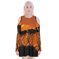 Trees Branches Sunset Sky Clouds Velvet Long Sleeve Shoulder Cutout Dress