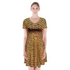 Background Gold Pattern Structure Short Sleeve V-neck Flare Dress by Celenk