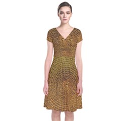 Background Gold Pattern Structure Short Sleeve Front Wrap Dress