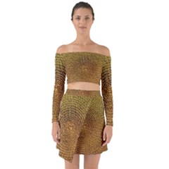 Background Gold Pattern Structure Off Shoulder Top With Skirt Set