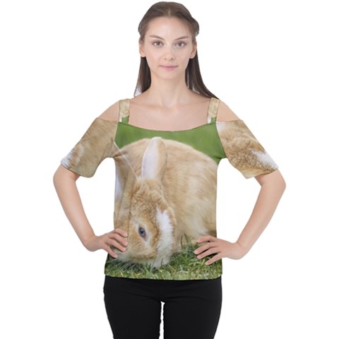 Beautiful Blue Eyed Bunny On Green Grass Cutout Shoulder Tee by Ucco