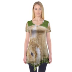 Beautiful Blue Eyed Bunny On Green Grass Short Sleeve Tunic  by Ucco