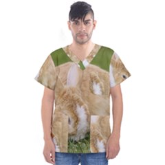 Beautiful Blue Eyed Bunny On Green Grass Men s V-neck Scrub Top