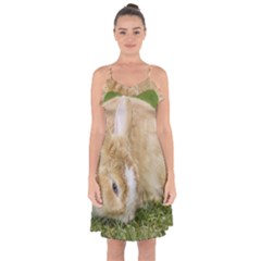 Beautiful Blue Eyed Bunny On Green Grass Ruffle Detail Chiffon Dress by Ucco