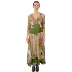 Beautiful Blue Eyed Bunny On Green Grass Button Up Boho Maxi Dress