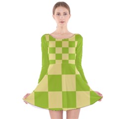 Green And Yellow (square Pattern) Long Sleeve Velvet Skater Dress by berwies