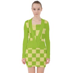 Green And Yellow (square Pattern) V-neck Bodycon Long Sleeve Dress