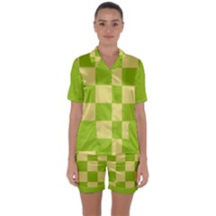 Green And Yellow (square Pattern) Satin Short Sleeve Pyjamas Set