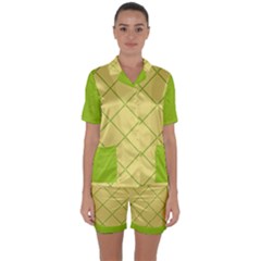 Cross Lines (green And Yellow) Satin Short Sleeve Pyjamas Set