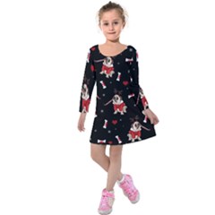 Pug Xmas Pattern Kids  Long Sleeve Velvet Dress by Valentinaart