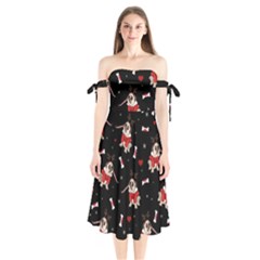 Pug Xmas Pattern Shoulder Tie Bardot Midi Dress by Valentinaart