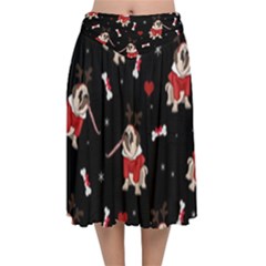 Pug Xmas Pattern Velvet Flared Midi Skirt