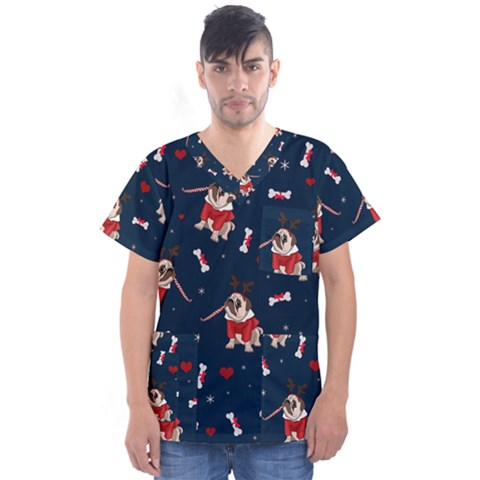 Pug Xmas Pattern Men s V-neck Scrub Top by Valentinaart