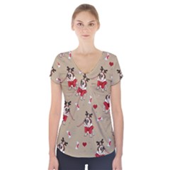 Pug Xmas Pattern Short Sleeve Front Detail Top