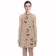 Pug Xmas Pattern Velvet Halter Neckline Dress 