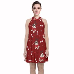 Pug Xmas Pattern Velvet Halter Neckline Dress 