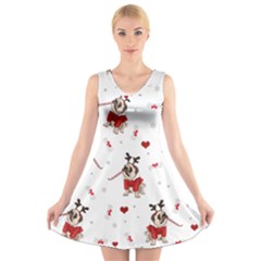 Pug Xmas Pattern V-neck Sleeveless Skater Dress