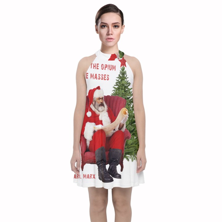 Karl Marx Santa  Velvet Halter Neckline Dress 