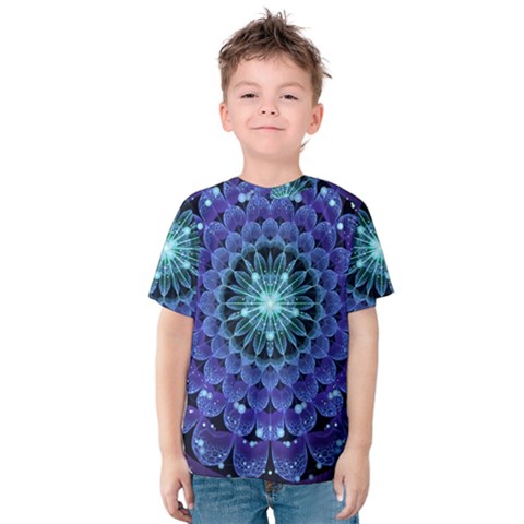 Accordant Electric Blue Fractal Flower Mandala Kids  Cotton Tee by jayaprime