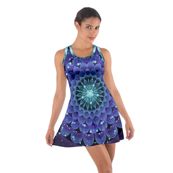 Accordant Electric Blue Fractal Flower Mandala Cotton Racerback Dress