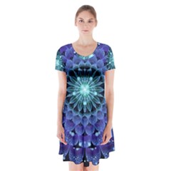 Accordant Electric Blue Fractal Flower Mandala Short Sleeve V-neck Flare Dress by jayaprime