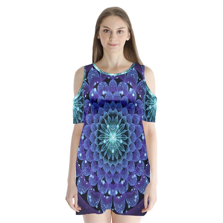 Accordant Electric Blue Fractal Flower Mandala Shoulder Cutout Velvet One Piece