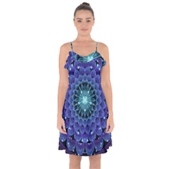 Accordant Electric Blue Fractal Flower Mandala Ruffle Detail Chiffon Dress by jayaprime