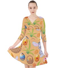 Easter Bunny And Egg Basket Quarter Sleeve Front Wrap Dress	