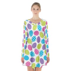 Polka Dot Easter Eggs Long Sleeve Velvet V-neck Dress by allthingseveryone