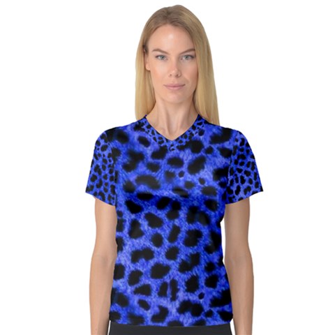 Blue Cheetah Print  V-neck Sport Mesh Tee by allthingseveryone