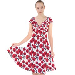 Red Flowers Cap Sleeve Front Wrap Midi Dress