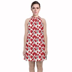 Red Flowers Velvet Halter Neckline Dress 