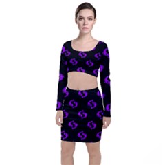 Purple Pisces On Black Background Long Sleeve Crop Top & Bodycon Skirt Set