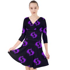 Purple Pisces On Black Background Quarter Sleeve Front Wrap Dress	