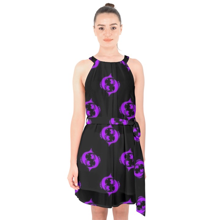 Purple Pisces On Black Background Halter Collar Waist Tie Chiffon Dress