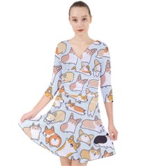 Corgilicious Corgi Doodle Art Quarter Sleeve Front Wrap Dress	