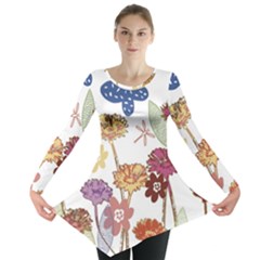 Flowers Butterflies Dragonflies Long Sleeve Tunic  by Celenk